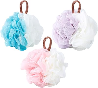 Omenluck 3Pcs Bath Loofahs Body Sponges Mesh Pouf Shower Balls Back Scrubber