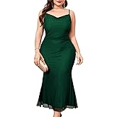 ZOMVA Plus Size Ruched Mesh Dress Mermaid Spaghetti Strap Bodycon Sleeveless Cami Dresses Cocktail Party Wedding Guest