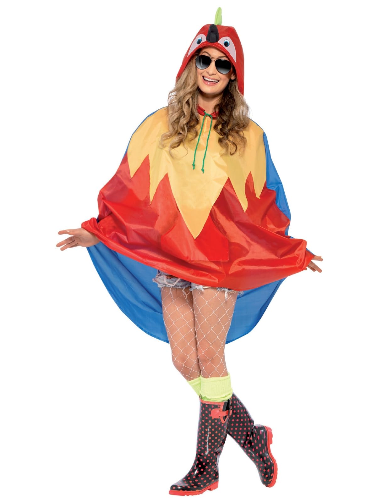 Smiffys Parrot Party Poncho, Red with Drawstring Bag, Party Poncho Fancy Dress, Animal Dress Up Costumes Halloween