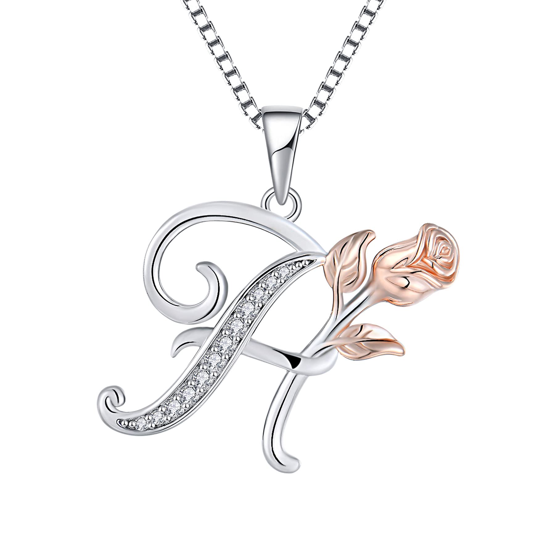 starchenie Alphabet Rose necklace Letter H Necklace Zirconia Pendant 925 Sterling Silver Necklace for Women