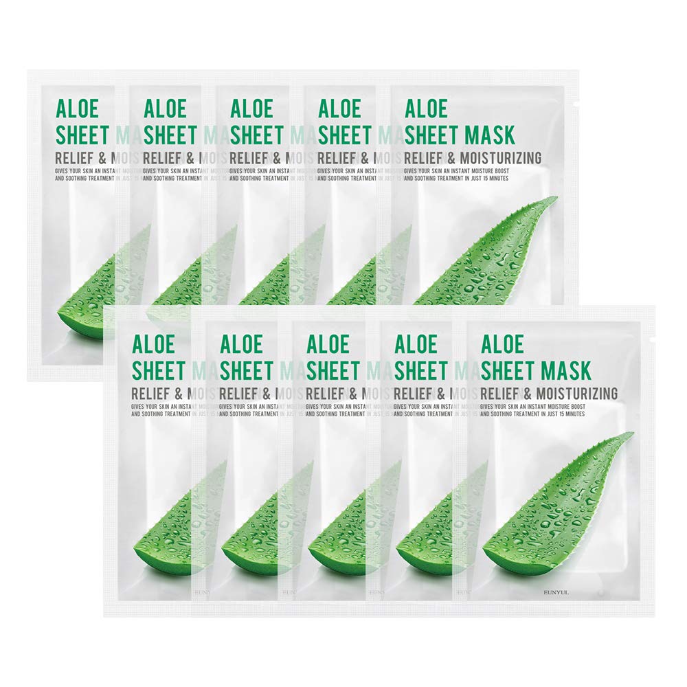 [PACK OF 10] EUNYUL Purity Aloe Facial Sheet Mask Pack 22ml x 10pcs Korean Skincare Hydrating & Soothing & Natural Ingredients for All Skin Types