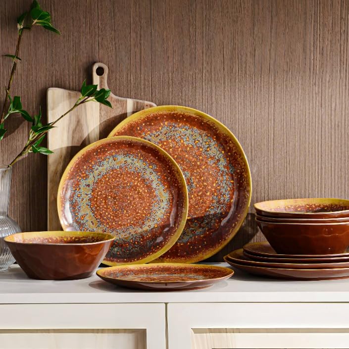 Photo 1 of FINE&NICE Melamine Dinnerware Set of 12Pcs, Dish Set for 4, Lightweight Unbreakable Plate and Bowl Set for Patio, RV and Camping, Dishwasher Safe,Rusty Brown