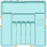 Homecor Silverware Organizer - Expandable Large Kitchen Drawer Organizer | Utensil Organizer with 2 Knife Block Inserts, 22"x 19"Cutlery Tray with Drawer Dividers for Kitchen Flatware (Turquoise)