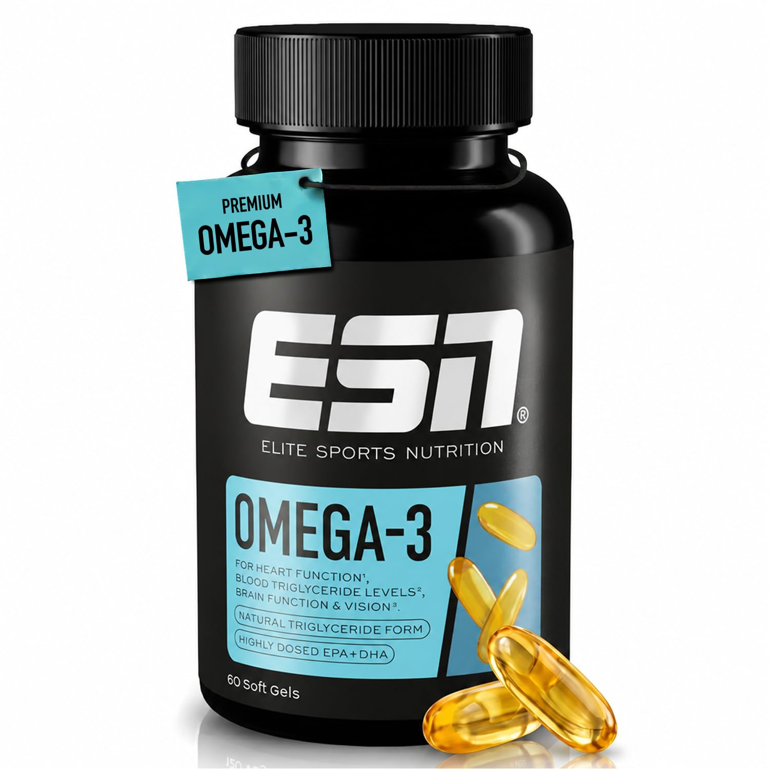 ESN Omega-3 - hochdosiert mit 1200 mg EPA und 900 mg DHA pro Tagesportion - ohne fischigen Nachgeschmack - getestet auf Schwermetalle - 60 Kapseln, 20 Portionen