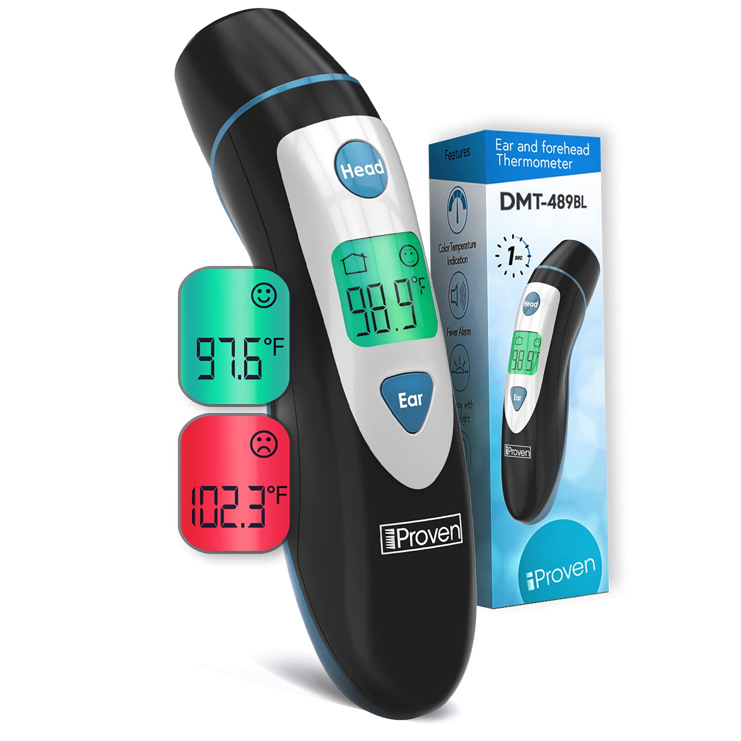 Forehead Thermometer for Adults and Kids with Ear Function (Superior Accuracy, Fast & Easy to Use with Colored Fever Alarm and 20 Memory, Quick 1-sec Temperature Thermometer