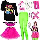 WlLDPARTY 80s Outfit Women Costume Accessories Set, T Shirt Leggings Tutu Skirt Fanny Pack Headband Fishnet Gloves Legwarmers