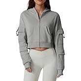 QINSEN Hoodies for Women Full Zip Up Cropped Jacket Long Sleeves with Cargo Pockets Sweatshirts Tops