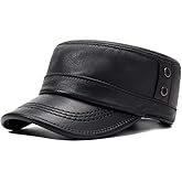 Men's Genuine Leather Cadet Army Caps Military Style Hat Flat Top Cap