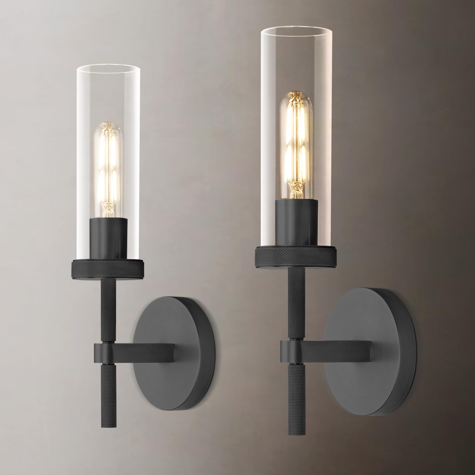 Photo 1 of Black Wall Sconces Set of Two, 14" Bathroom Vanity Sconce Light, Glass Tube Wall Sconces, Sconces Wall Lighting Indoors, Wall Lights for Mirror, Living Room, Bedroom, Hallway (including bulb)
