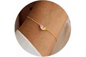 RLMOON Christmas Gifts Stocking Stuffers for Teen Gold Bracelets for Women Dainty 2 Birthstones Heart Charm Bracelet Non Tarnish 14K Gold Plated Red CZ Bracelets for Bridesmaid Mother and Daughter Anniversary Birthday Gift