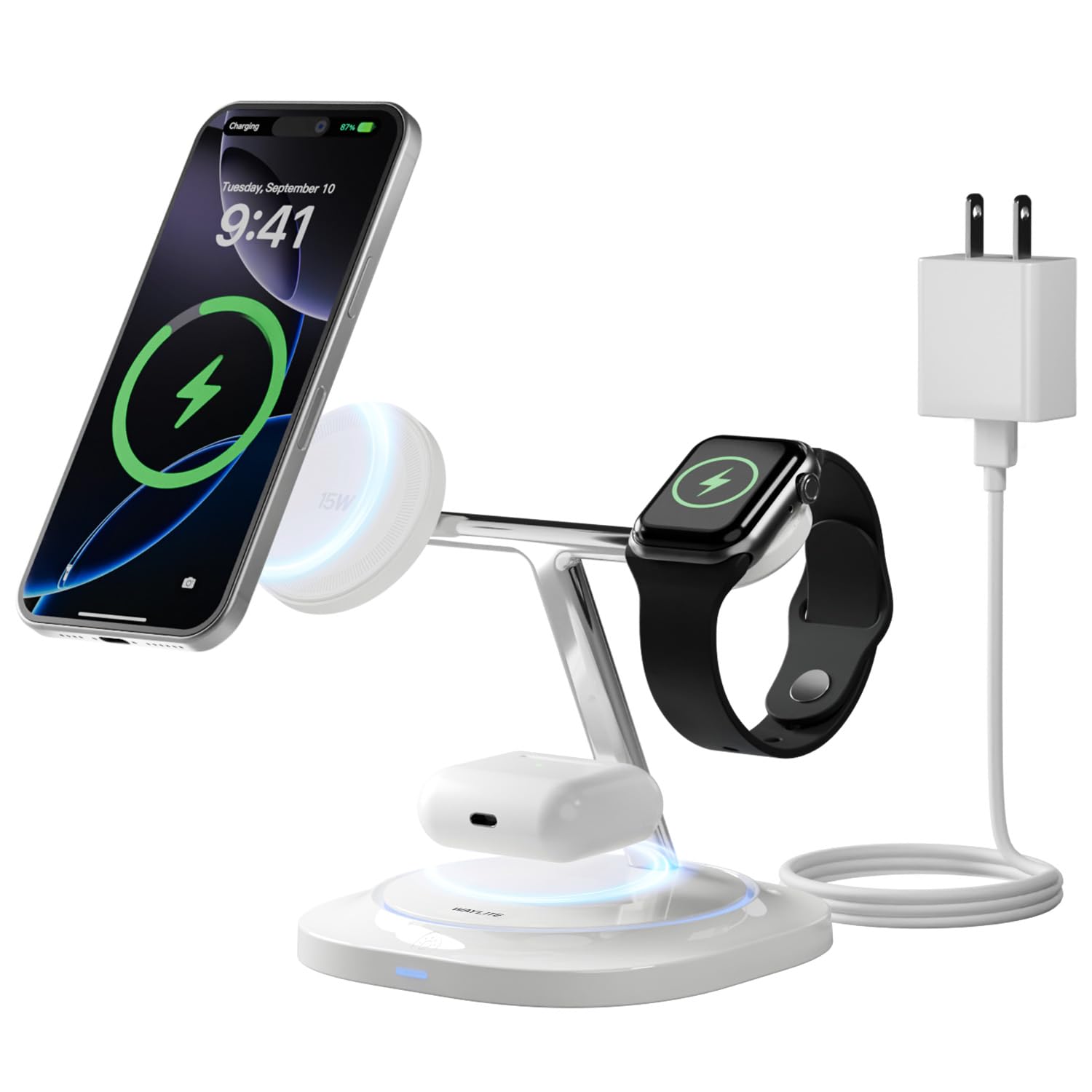 3 in 1 Magnetic Wireless Charger for Apple -Fast Charging Station Compatible with MagSafe for iPhone17-12, Apple Watch&AirPods, Phone and Watch Charger Stand for Desktop Bedside Office (Elegant White)