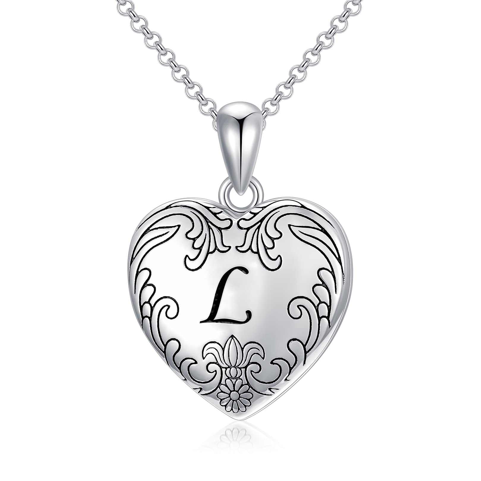 SOULMEET 18K White Gold Plated Silver Cameo Initial Heart Locket Necklace That Holds Pictures Photo Locket Necklace Alphabet L (Locket only),Gift for Women Girls