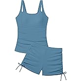 Aulyffo Girls Tankini Swimsuit 2 Piece Bathing Suits for Girls Square Collar Swim Tank Top and Drawstring Bottoms for 9-16Y