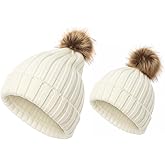 Chicingyou 2 Pcs Parent-Child Knitted Beanie Hat Mother Baby Winter Hat with Pom Family Matching Warmer Knit Beanie Ski Cap