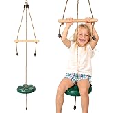 Disc Swing for Kids with Wooden Handle Bar Outdoor Circle Tree Swings Green | 5 Ft Height Adjustable Heavy Duty Round Tree Swing Seat, Outdoor Swing Set Accessories for Backyard Playground