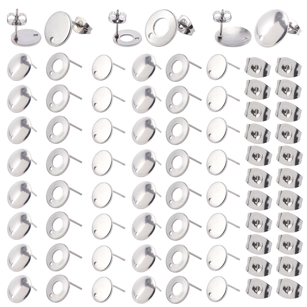 SOFPLATE 1 Box 60Pcs 3 Styles Round Earring Posts Stainless Steel Stud Earring Findings Hypoallergenic Flat Pad Ear studs with Butterfly Ear Backs Silver Earring Posts for jewellery Making Supplies DI
