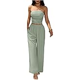 SweatyRocks Women's Summer Outfits 2 Piece Sets Casual Ruched Crop Tube Top and Wide Leg Pants Set