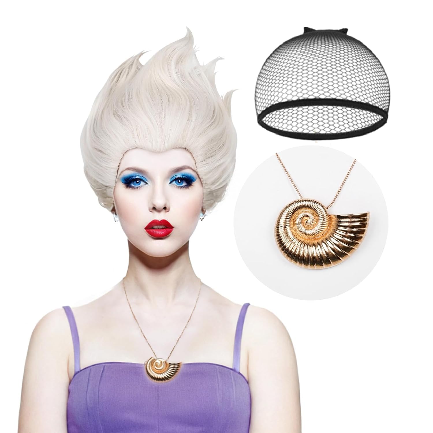 Photo 1 of LABEAUTÉ Gray Cosplay Wig for Undersea Witch with Shell Necklace, Women Girl Daily Wig for Cosplay Synthetic Hair for Halloween Costume Crazy Party Hair + Cap