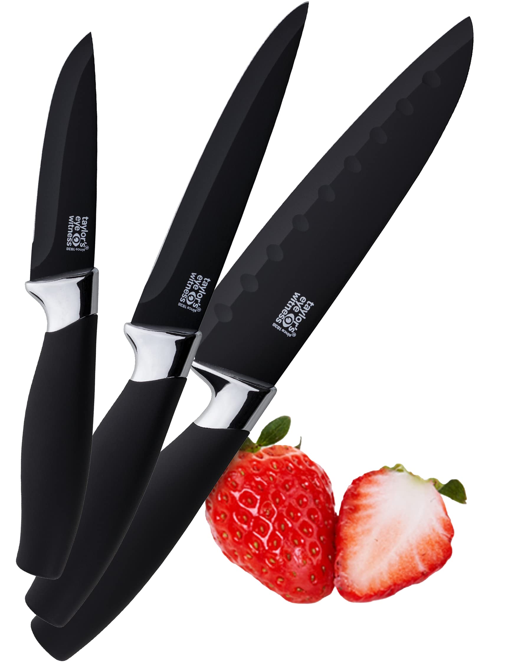 3pc Kitchen Knife Gift Set - Brooklyn by Taylors Eye Witness. Chrome Coloured Bolsters, Matching Finely Ground Razor Sharp Titanium Coated Blades. Soft Grip Handles. 2yr Peace of Mind