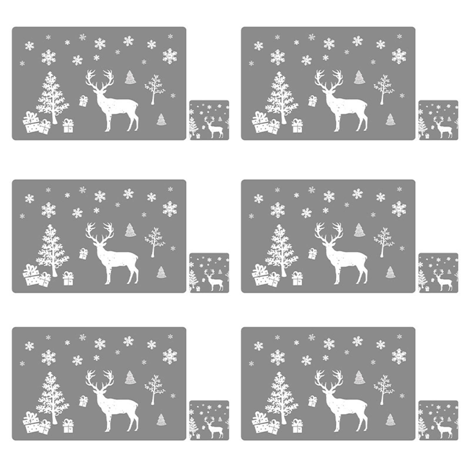 Soulnioi Christmas Placemat and Coasters Set of 6, PVC Christmas Table Mats and Coasters Cutlery Set Heat Resistant Waterproof Place Mats Cup Mats for Dining Table Decor - Grey Reindeer