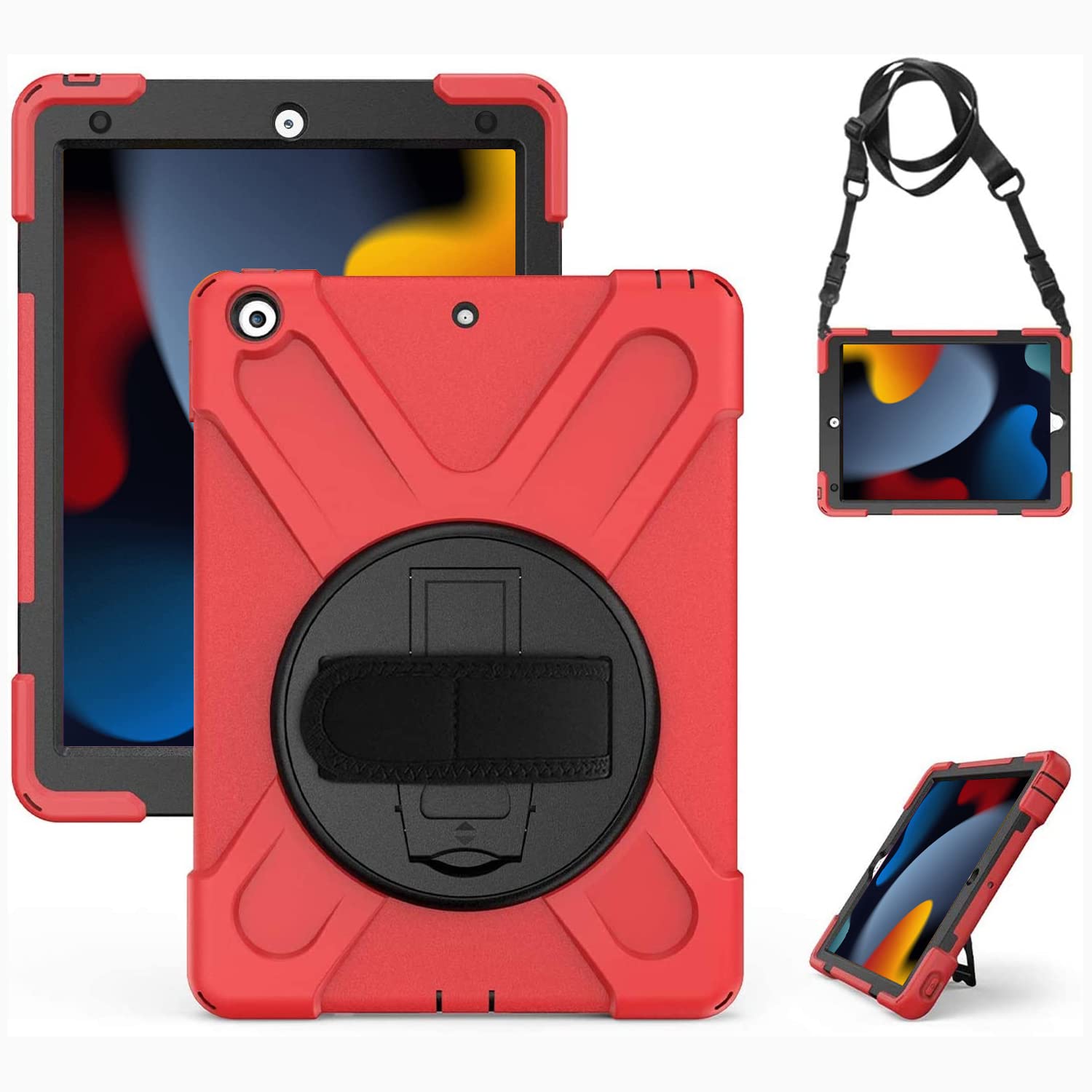 Gerutek for iPad 10.2 Case, iPad 9th/8th/7th Generation Case Rugged,Heavy Duty Shockproof iPad 9th Gen Cover with [360 Rotatable Stand/Hand Strao] [Pencil Holder] for iPad 9th Generation, Red