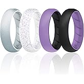 ROQ Silicone Rubber Wedding Ring for Women, Rubber Silicone Wedding Band, Bridal Jewelry Set, Anniversary Rings, Promise Ring, 5.5mm Wide 2mm Thick, 4 Pack, Silver, White, Black, Lavender, Size 9