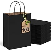 MESHA 100 Pack Black Gift Bags 8x4.25x10.5 Inch Kraft Paper Bags with Handles Bulk Craft Bag Medium Size for Wending Birthday Party Favor Retail Merchandise Bag