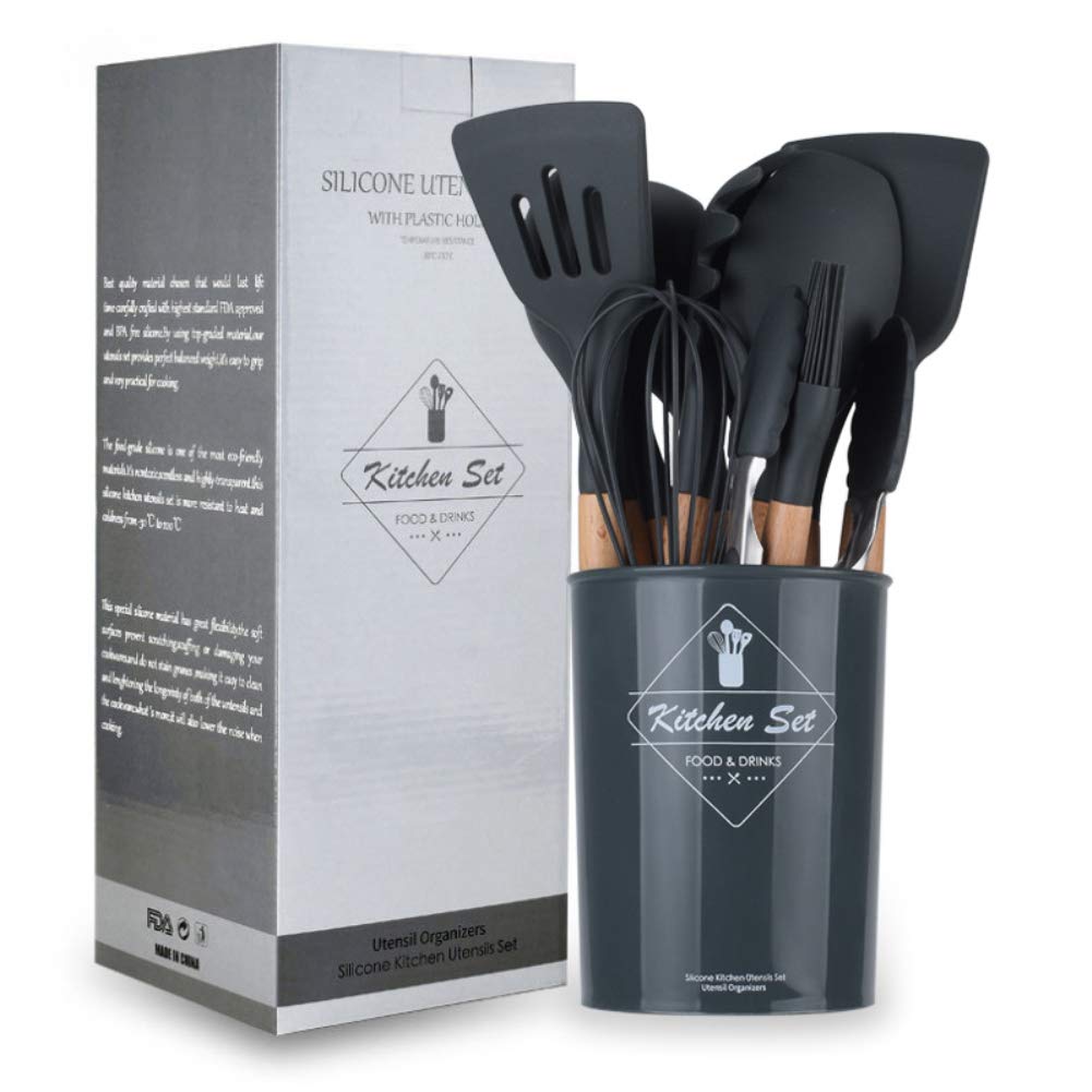 Photo 1 of 12 PCS Silicone Kitchen Utensil Set Bamboo Wooden Handles Cooking Utensils (Gray)