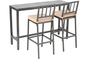 ONLYCTR Outdoor Bar Chairs and Table, Metal Outdoor Bar Set, 3 Piece Patio Bar Table Set with Bar Stools & Cushions for Backyard, Porch, Bistro, Balcony (Gray, 47" Table, 2 Vertical Back stools)