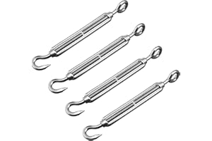 Turnbuckles Hook, Reedny 304 Stainless Steel Turnbuckle Heavy Duty M4 M6 M8 Hook and Eye Turnbuckle for Cables Wire Rope Tension 5/32" 1/4" 5/16" for Sun Shade Fence Tent Rope Installation(M8, 4Pcs)