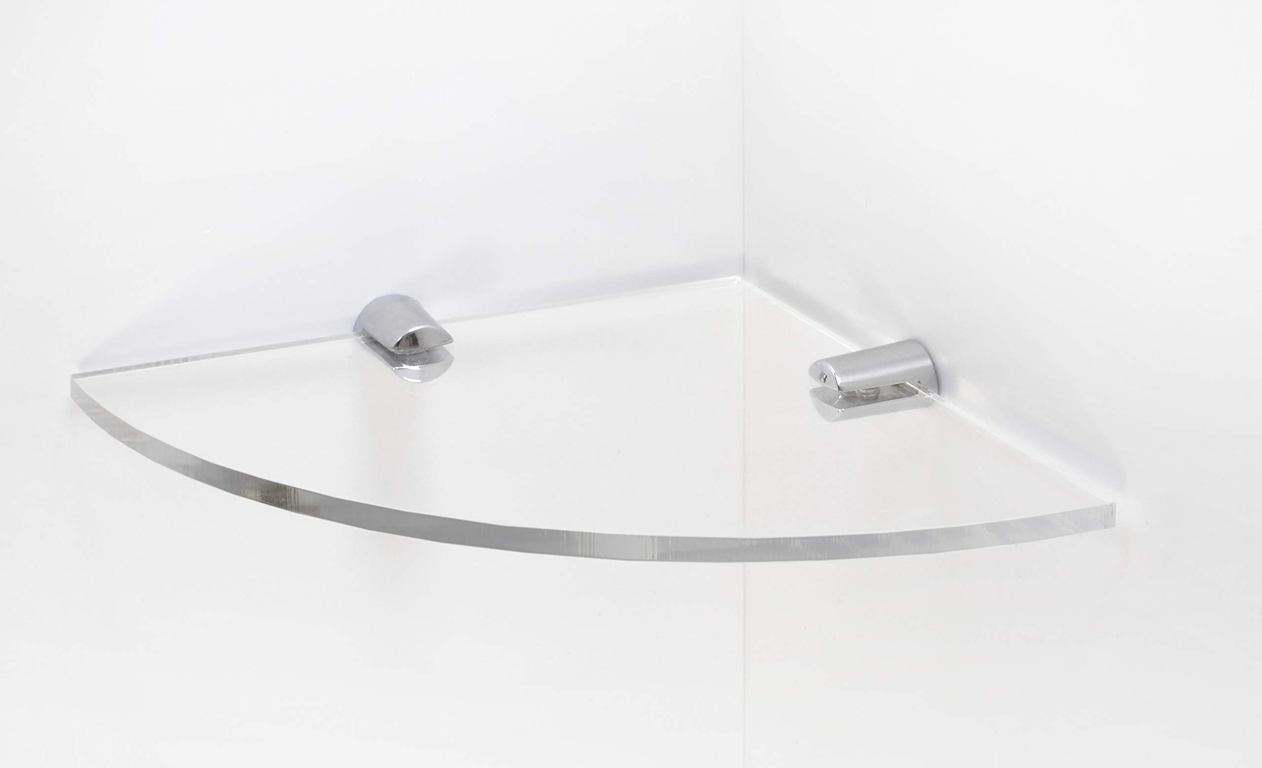 BSM Marketing Wall Mounted Floating Acrylic Corner Shelf with Chrome Supports available in Clear, Black and White (Clear, 200mm x 200mm)