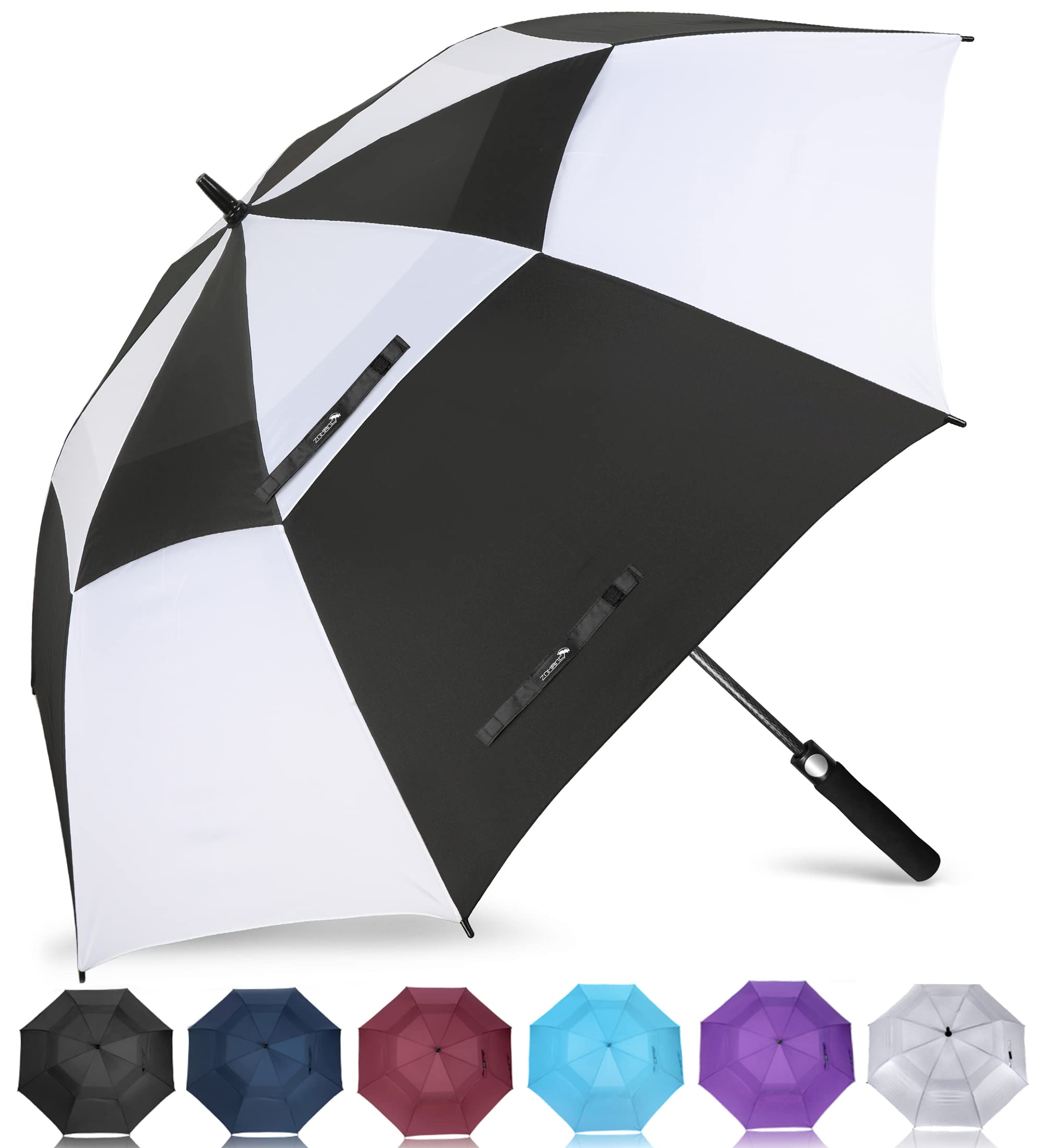 ZOMAKE Golf Umbrella Windproof and Rainproof 62in, Large Umbrella Windproof Strong, Big Golfing Brolly Unbreakable Double Canopy for Men Women (Black/White)