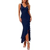 BTFBM Summer Dresses for Women 2026 Bodycon Ruched Sleeveless V Neck Solid Maxi Cocktail Wedding Guest Dress
