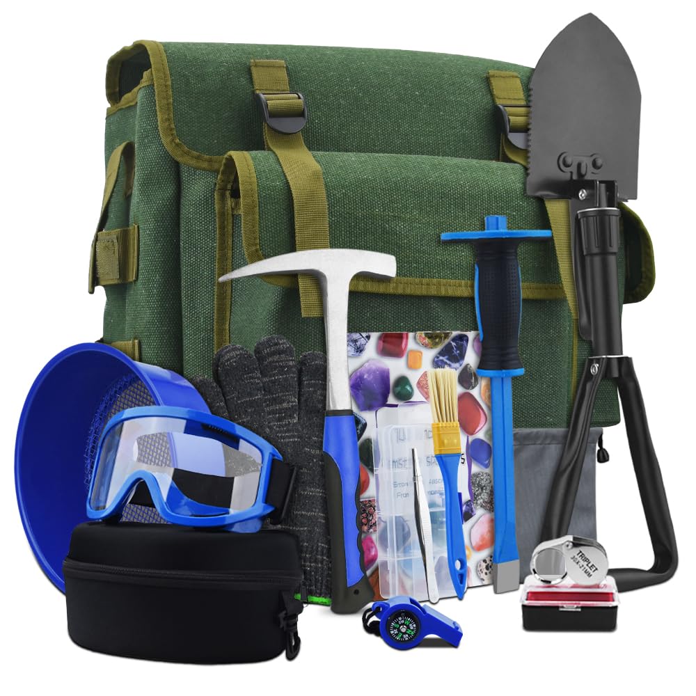 Photo 1 of 15 PCS Geology Rock Pick Hammer Kit, 22oz Hammer & Digging Chisels for Rock Hounding, Gold Mining & Prospecting Equipment Tool Shovel,Backpack,Magnifying Glass, Goggles,Whistle?Soil sieve (VO4)