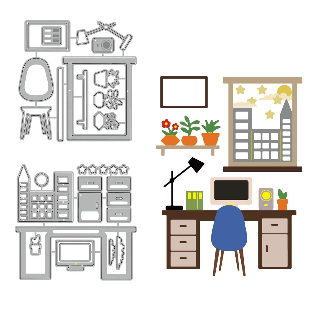BENECREAT 2Pcs Office Scene Cutting Dies, Desk Window Chair Embossing Stencils Die Cuts Template for Paper Card Making Decoration DIY Scrapbooking Album Craft Decor