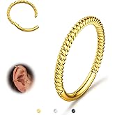 BodyBonita Hinged Nose Rings Hoops - 316L Surgical Steel Twisted Seamless Clicker Cartilage Earrings Septum Rings Jewelry Conch Piercing Tragus Rook Daith Helix Women Gold Plated/Black/Silver 16G/18G