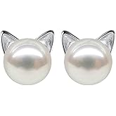 Wicary Cat Earrings Sterling Silver Pearl Earrings for Women Cat Stud Earring for Cat Lovers