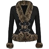 WDIRARA Women's Faux Fur Long Sleeve Cardigan Hippie Punk Buckle Knit Outerwear