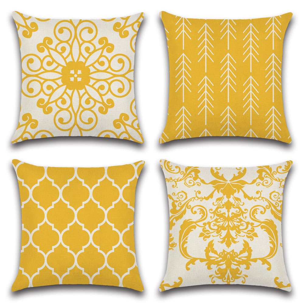 CLVEDU 4Pack Throw Pillow Covers 18x18 In Linen Fabric Cushion Covers Yellow Throw Pillows for Couch, Decorative Throw Pillow Cases Accent Pillow Covers for Home Bed Couch Sofa Car (Style26) — image 1