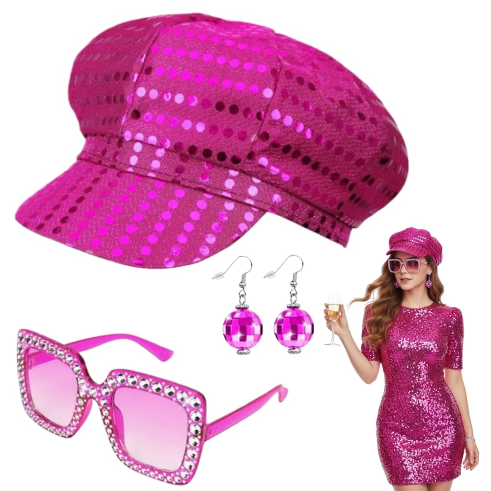 EYWILYWI 3Pcs 70s Disco Costume Set Sequin Glitter Hat, Bling Sunglasses & Earrings,Retro Abba Accessories for Women,Perfect for Theme Parties, Birthday Dances & Disco Fancy Dress (pink)