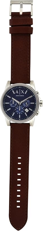 Orologio da uomo, movimento cronografo al quarzo, cassa in acciaio inossidabile da 45 mm con cinturino in pelle, AX2501, Marrone e argento
