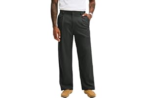PLEPAN Men's Relaxed Fit Casual Dress Pants Expandable Waist Pleated Front Straight Leg Trousers