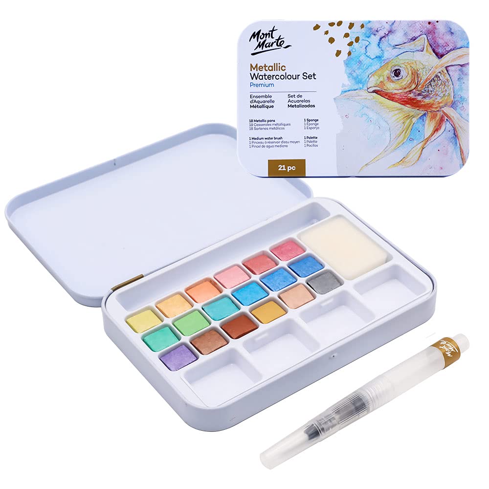 MONT MARTE Watercolour Paint Set Metallic – 18 Watercolours – Including Water Brush, Sponge, Palette – Compact Set – Ideal for Watercolour Painting