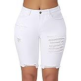 roswear Women's High Waisted Stretchy Denim Bermuda Shorts Ripped Casual Summer Jean Shorts