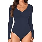 LYANER Women's Henley Shirts Long Sleeve Bodysuit V Neck Button Down Body Suit Leotard Tops