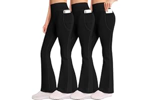 AENLLEY Girl Yoga Flare Wide Leg Tummy Control Stretchy Pants for Causal with Pockets 3 Pack