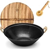 WANGYUANJI 14.2" Cast Iron Wok with Lid, Dual Handles - Flat Bottom Chinese Stir Fry Pan for Induction & Gas Stoves - Traditional Handcrafted Turtle Shell Texture, Uncoated & Non-Toxic