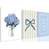 3Pcs Blue Bow Preppy Canvas Wall Art, Inspirational Quotes Fashion Bow Cute Hydrangea Modern Minimalist Botanical Decor Blue Aesthetic Posters Prints for Girl Bedroom Bathroom or Dorm 12x16in Framed
