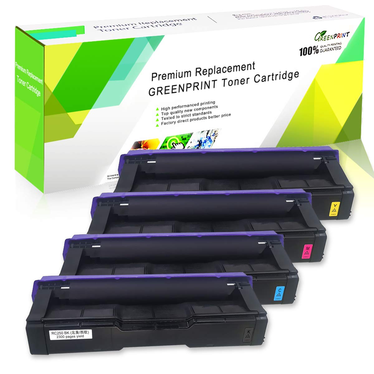 GREENPRINT 4 Color Compatible Toner Cartridges SP C250 C261 High Capacity 2300 Pages for Black Cyan Magenta Yellow for RICOH Aficio SP C250DN C250SF C261SFN C261SFNw C261DNw Laser Printers