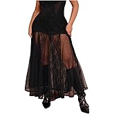 Verdusa Women's Plus Size Lace Mesh Sheer Maxi Skirt Flowy Flared High Waisted Tulle Skirts